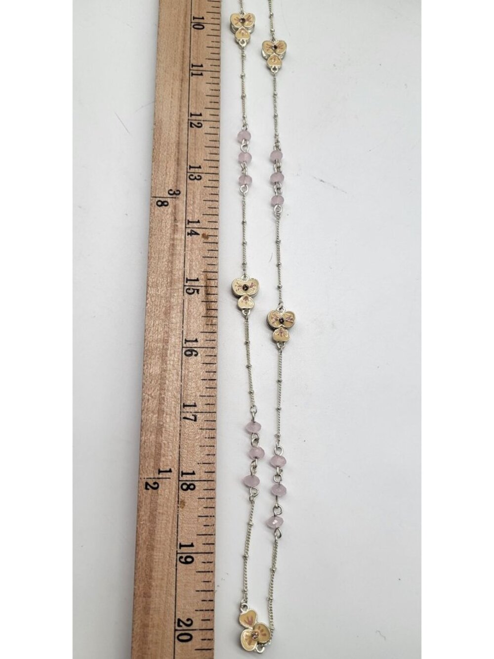Pretty Pink Bead Cream Enamel Flower Long Necklace Silver Tone - Picture 4 of 5